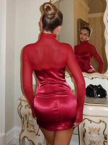 Glamine 女士纯色时尚高领长袖短裙 - 酒紅色 - 查看 2