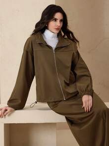 Modelyn Women's Minimalist Color Block Drawstring Stand Collar Zip Up Drop Shoulder Loose Jacket Coat - Brown - View 7