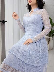 Feyla Women's V-Neck Long Sleeve Ruffle Hem Elegant Lace Mid-Length Dress - Baby Blue - View 7