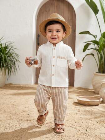 SHEIN Vintaside Kids 2pcs Baby Boys Collared Short Sleeve Shirt With Buttons, Pockets T-Shirt Top Paired With Elastic Waist Shorts, Casual Retro Loose Comfortable Outfit, Summer New Arrival