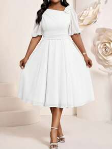 Fleurora 春夏优雅通勤办公白色编织圆领铅笔袖撞色领撞色网纱修身连衣裙中长短袖大码连衣裙优雅女装经典穿搭夏季女装连衣裙优雅夏季服装春季服装 - 白色 - 查看 5