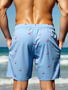 Manfinity RSRT 男士火烈鸟印花抽绳腰带口袋休闲时尚沙滩短裤浅蓝色泳裤男士沙滩装男士火烈鸟短裤泳池服男士火烈鸟泳裤男士泳裤男士泳装 - 淺藍色 - 查看 2