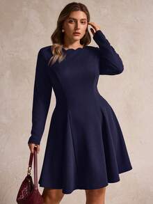 Elegantrix Vestido Curto Evasê com Ombros à Mostra e Bainha Ondulada, Estilo Francês Casual para Outono/Inverno, Plus Size - Azul Marinho - Visão 3