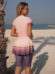 Swim Mulvari Women's Summer Vacation Casual Beach Outfit, Pink Ombre Printed Zipper Front 2-Piece Swimsuit Set With Shorts,Modest Burkini - Multicolor - View 2