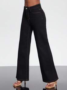 NYA SZN Destiny Jean 牛仔裤，直筒阔腿宽松休闲日常优雅修身弹力五口袋深色水洗原色牛仔裤，适合夜间外出、派对、特殊活动、音乐会、商务休闲、办公室、西部牛仔风秋冬女装 - 黑色 - 查看 6