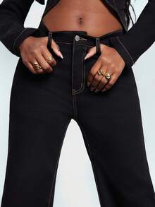 NYA SZN Destiny Jean 牛仔裤，直筒阔腿宽松休闲日常优雅修身弹力五口袋深色水洗原色牛仔裤，适合夜间外出、派对、特殊活动、音乐会、商务休闲、办公室、西部牛仔风秋冬女装 - 黑色 - 查看 4