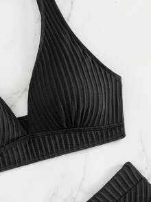 Swim Chiccia Women's Solid Color Textured Sexy Bikini Swimsuit Set, Summer Beach - Black - View 5