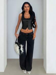 Glamine Chaqueta negra de cuero con cuello cuadrado y espalda descubierta para mujer, chaqueta versátil de moda y sexy para vacaciones y festivales de música - Negro - Ver 4