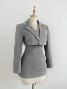 Elamini Costum de lână pentru femei, set elegant de jachetă scurtă și rochie mini, talie casual, slim fit, două piese - Gri - Vizualizare 6