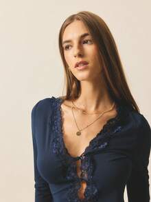 Aralina Women's Casual Chic Luxury Deep V-Neck Lace Trim Long Sleeve Stretch Top Perfect For Christmas Party Outfits And New Years Outfits And Party Outfits - Navy Blue - View 7