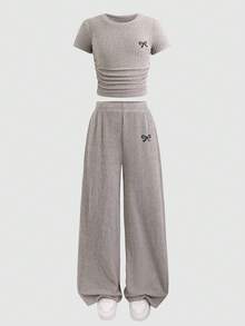 SHEIN Tween Girls Bow Ribbed Print T-Shirt & Leggings 2 Pieces Set, Casual Daily Fashion Versatile - Apricot - View 7