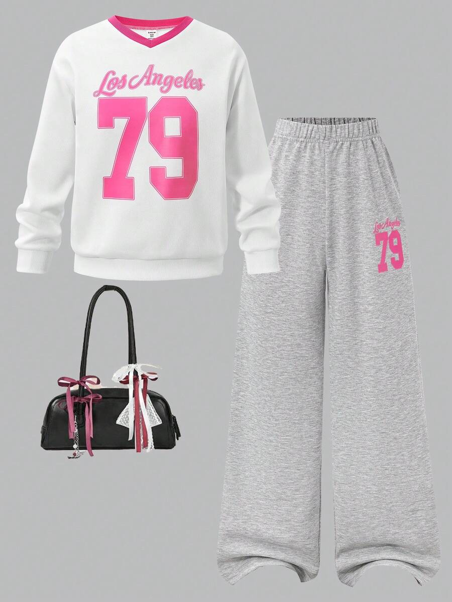 SHEIN 2pcs/Set Tween Girls Casual Sporty Number Print Pullover Hoodie, American Style For Autumn/Winter - Multicolor - View 1