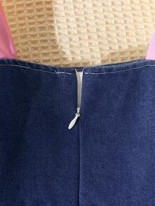 Adorable Tween Girls A Line Denim Dress Square Neck Puff Sleeve Dark Wash Midi Skirt Bow Tie Detail - Dark Wash - View 7