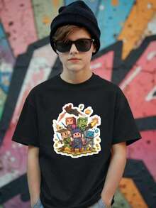 Camiseta niño urbana gamer impresión animada tejido suave holgada cuello redondo manga corta primavera verano diario camiseta - Negro - Ver 1