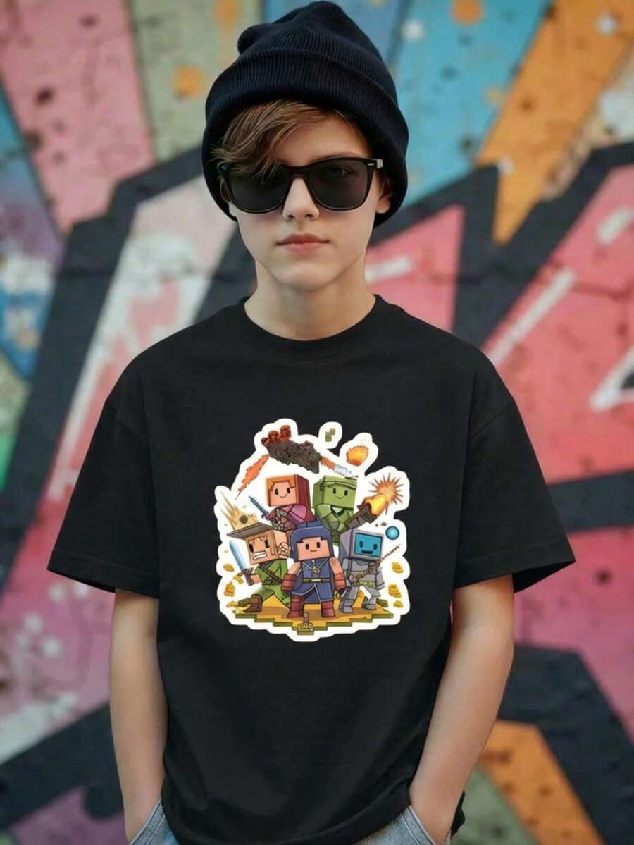 Camiseta niño urbana gamer impresión animada tejido suave holgada cuello redondo manga corta primavera verano diario camiseta - Negro - Ver 1