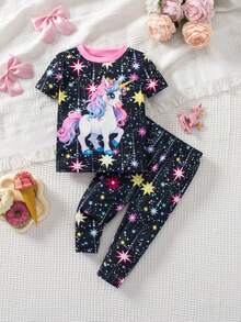 SHEIN Conjunto de camiseta de manga corta con estampado de dibujos animados y pantalones de cintura elástica, estilo casual y lindo para bebé niña - Negro - Ver 9