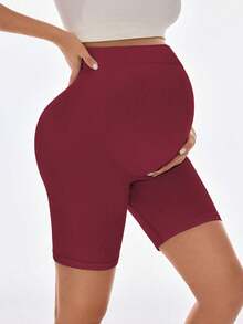 SHEIN Maternity Elastic Waist Shorts, High Waist Comfortable Yoga Shorts, Butt Lifting,1pc Maternity Shorts Over Belly, Soft Stretch Fit, Comfy Fabric For All Pregnancy Stages, Ideal For Casual Outfits, Work, Home, Travel, Errands, Prenatal Fitness Or Relaxation - Burgundy - View 1