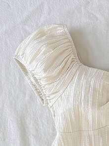 SHEIN 少女纯色甜心领插肩短袖荷叶边可爱上衣 - 杏色 - 查看 4