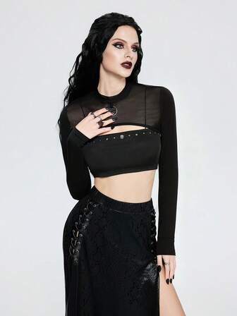 Breakform Cropped com Manga Longa e Detalhe de Anel Metálico, Gola Redonda, Estilo Gótico Sexy, Cor Sólida, Tela, para Mulheres