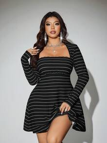 Viva Relle Plus Size Women Contrast Lace Swan Collar Striped Long Sleeve Fashion Dress