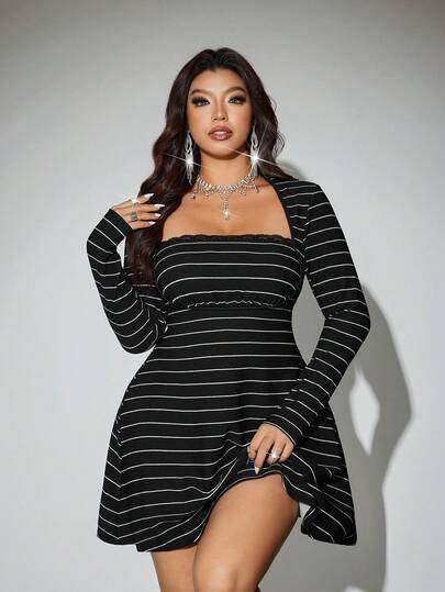 Viva Relle Plus Size Women Contrast Lace Swan Collar Striped Long Sleeve Fashion Dress