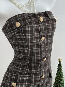 Elamini Váy ngắn chữ A kẻ caro viền kim loại trang trí cho nữ - Nhiều màu - Xem 5