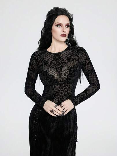 Breakform Women's Gothic Dark Style Front Panel Flocked Mesh Round Neck Long Sleeve Fitted Sexy Top, Gothic Top Goth Dresses For Women Black Funeral Dress Women Vampire Dress Black See Through DressSuitable For Daily Outings And Festivals