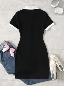 SHEIN Váy chắp vá màu tương phản, tối giản, thoải mái, vừa vặn cho bé gái tuổi teen - màu đen - Xem 5