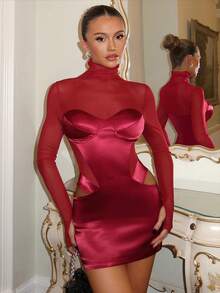 Glamine 女士纯色时尚高领长袖短裙 - 酒紅色 - 查看 5