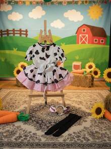 Conjunto para niña estilo animal de granja, vestido con estampado de vaca y detalles brillantes, diadema con orejas adorables, tela suave y cómoda, falda amplia de corte A, cuello Peter Pan, manga corta tipo globo, primavera/otoño, disfraz ideal para fiestas, presentaciones y Halloween infantil - Multicolor - Ver 3