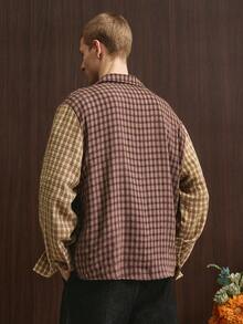 TOKVUE 男士落肩长袖撞色纽扣前开襟休闲格子衬衫 - 彩色 - 查看 3