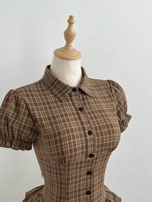 Flirla 复古格纹 Polo 衫，纽扣门襟；迷你蛋糕式层叠连衣裙；校园风；春夏装 - 彩色 - 查看 5