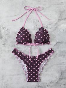 Swim Mod 女士夏季波点印花性感吊带蝴蝶结比基尼两件套泳衣沙滩度假套装 - 彩色 - 查看 4