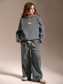 SHEIN 少女连帽衫套装，长袖连帽衫搭配宽松休闲运动裤，秋冬季 - 深灰色 - 查看 4