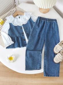 Genkimix Kids 3 Stücke Genkimix Mädchen Set mit Rüschenkragen, Puffärmel Top + plissierter Denim Weste + gerade geschnittene Jeans