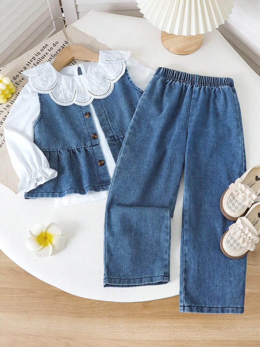 Genkimix Kids 3 Stücke Genkimix Mädchen Set mit Rüschenkragen, Puffärmel Top + plissierter Denim Weste + gerade geschnittene Jeans