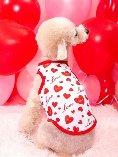 PETSIN 1pc Valentine's Day Red & White Heart, Love Letter Print Pet Vest
