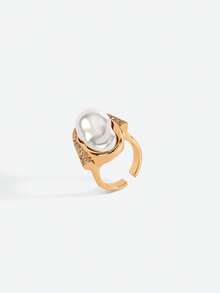 Opalesca 1 Pc Exaggerated Baroque Pearl Geometric Rhinestone Adjustable Vintage Ring, Fashionable & Luxurious,Outfits,Old Money,Wedding/Bridal Accessories,Western Jewelry,Fairycore/Fairy,Pearl,Fall/Autumn/Winter,Elegant - Yellow Gold - View 4