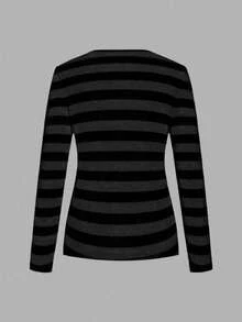 Attitoon Vintage Streetwear Black White Gray Striped Knit V-Neck Loose Long Sleeve T-Shirt For Plus Size Women, Suitable For Autumn New Arrival Women Clothing Women Long Sleeve Tops Striped Long Sleeve Stripe Top - Multicolor - View 2