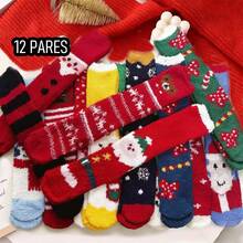 12 pares de calcetines navideños de pelo de coral con diseños animados de animales, calcetines para dormir, peludos, hogareños y para suelo - 12 pares de colores mixtos - Ver 1
