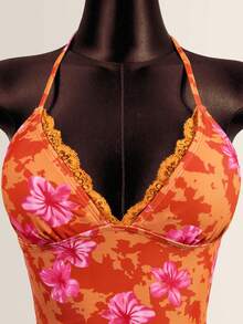 Zestiva 女士夏季度假休闲沙滩装热带花卉印花无肩带抹胸系带露背吊带比基尼蕾丝边两件套泳衣 - 彩色 - 查看 5