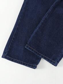 Young Girls Casual Style Denim Jeans, Deep Blue Color, Dual Pockets Design, Loose Wide Leg Fit, Soft & Comfortable Fabric, Suitable For School, Commute, And Daily Wear, Spring/Summer/Autumn/Winter - Dark Wash - View 4