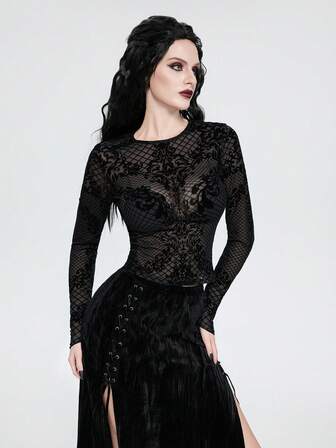 Breakform Damen Gothic Dark Style Vorderteil Flockenmesh Rundhals Langarm Figurbetontes Sexy Top, geeignet für tägliche Ausflüge und Festivals