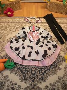 Conjunto para niña estilo animal de granja, vestido con estampado de vaca y detalles brillantes, diadema con orejas adorables, tela suave y cómoda, falda amplia de corte A, cuello Peter Pan, manga corta tipo globo, primavera/otoño, disfraz ideal para fiestas, presentaciones y Halloween infantil - Multicolor - Ver 2