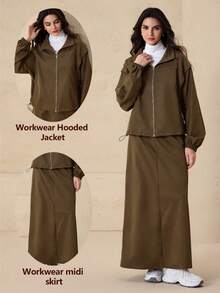 Modelyn Women's Minimalist Color Block Drawstring Stand Collar Zip Up Drop Shoulder Loose Jacket Coat - Brown - View 1