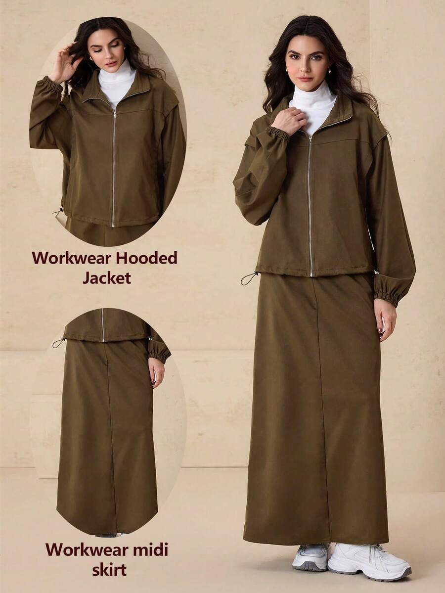 Modelyn Women's Minimalist Color Block Drawstring Stand Collar Zip Up Drop Shoulder Loose Jacket Coat - Brown - View 1