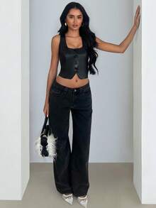 Glamine Chaqueta negra de cuero con cuello cuadrado y espalda descubierta para mujer, chaqueta versátil de moda y sexy para vacaciones y festivales de música - Negro - Ver 6