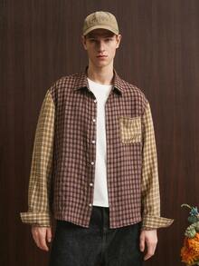 TOKVUE 男士落肩长袖撞色纽扣前开襟休闲格子衬衫 - 彩色 - 查看 2