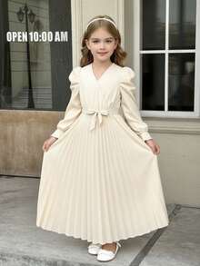 SHEIN Serisse Kids 女童休闲泡泡袖长袖荷叶边V领褶皱长连衣裙，小女孩春季长袖连衣裙 - 杏色 - 查看 10