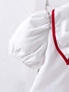 SHEIN 女童蝴蝶结装饰短泡泡袖可爱上衣